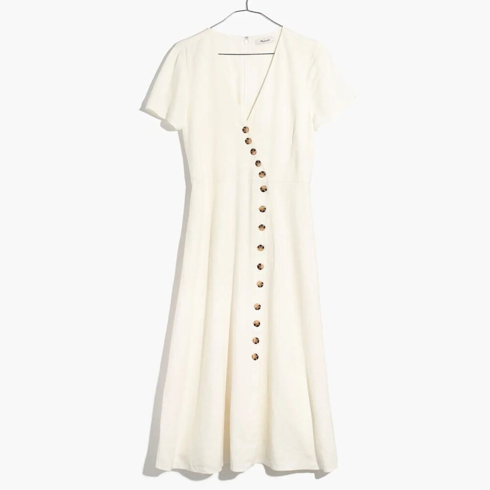 Madewell Linen-Blend Button-Wrap Midi Dress in White